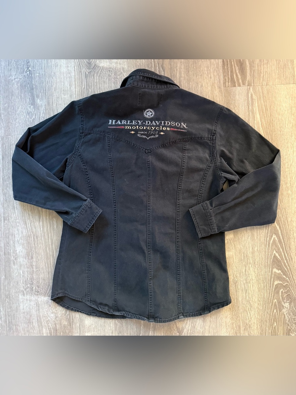 Vintage Harley Davidson Motorcycle Denim Button Up Shirt Womens M Black Y2K